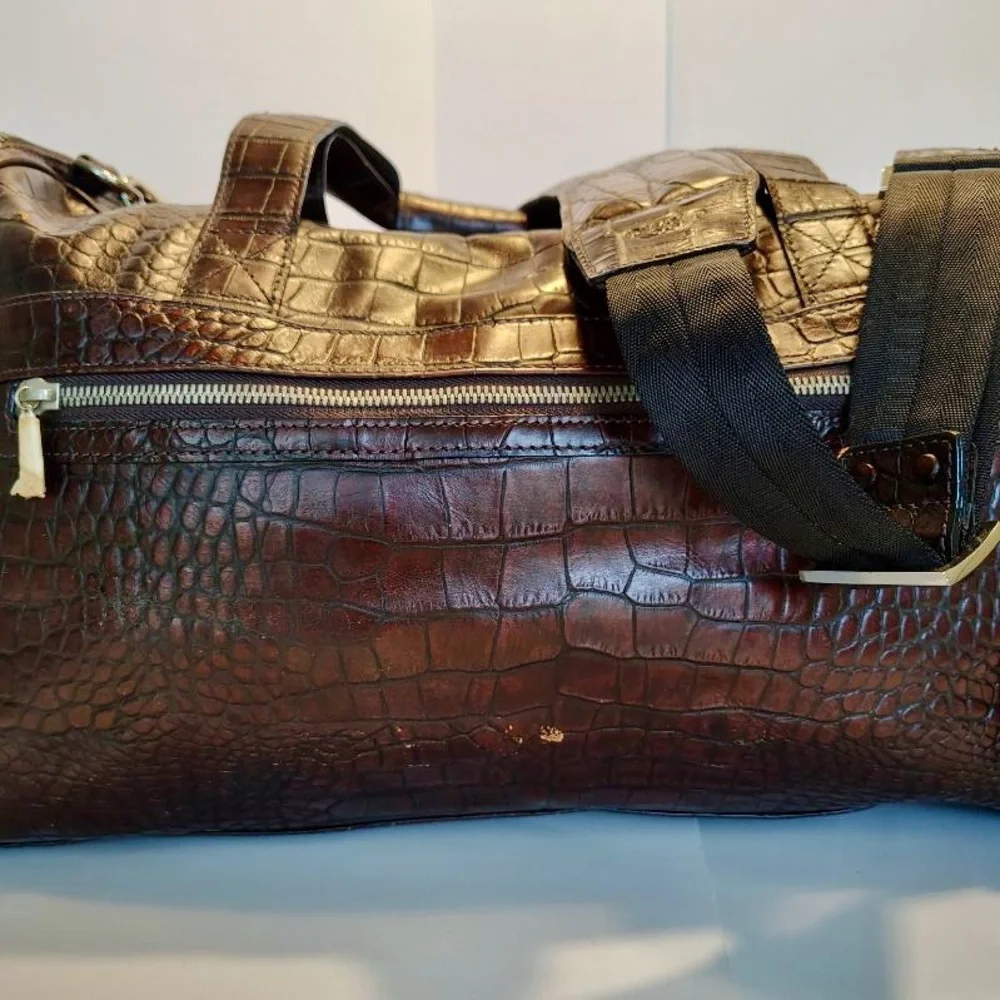 Vtg Bosca Crocodile Print Brown Leather Moda di Roma Travel Duffle Bag New